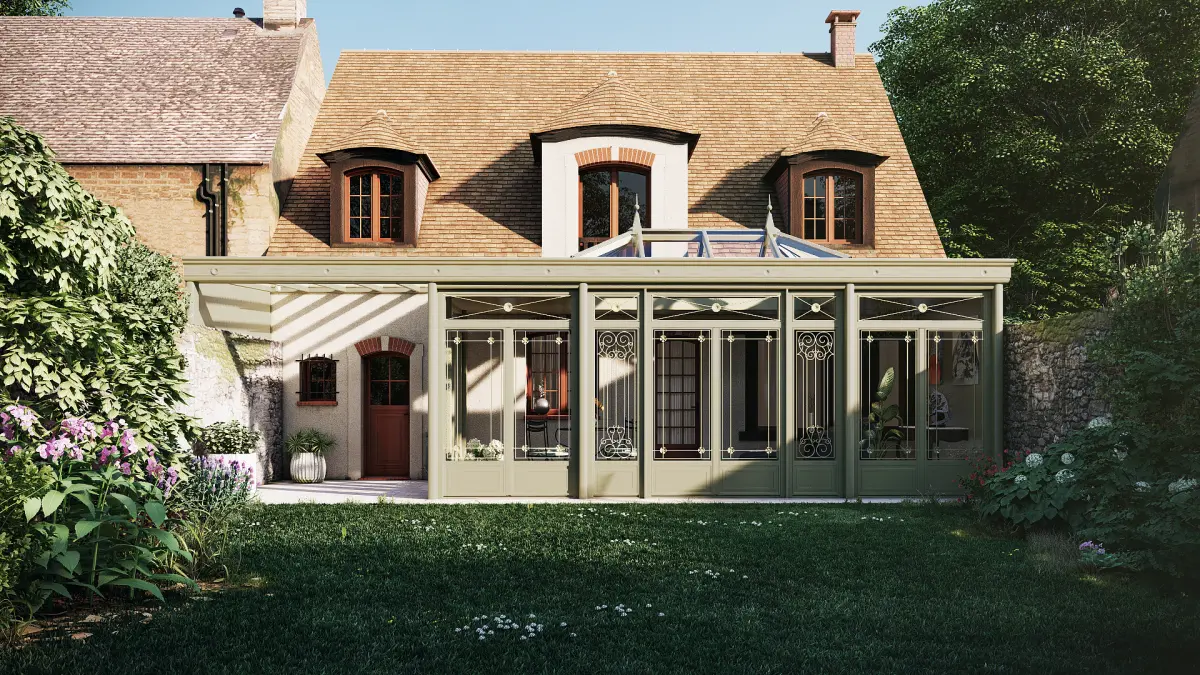 Véranda victorienne avec pergola accolée